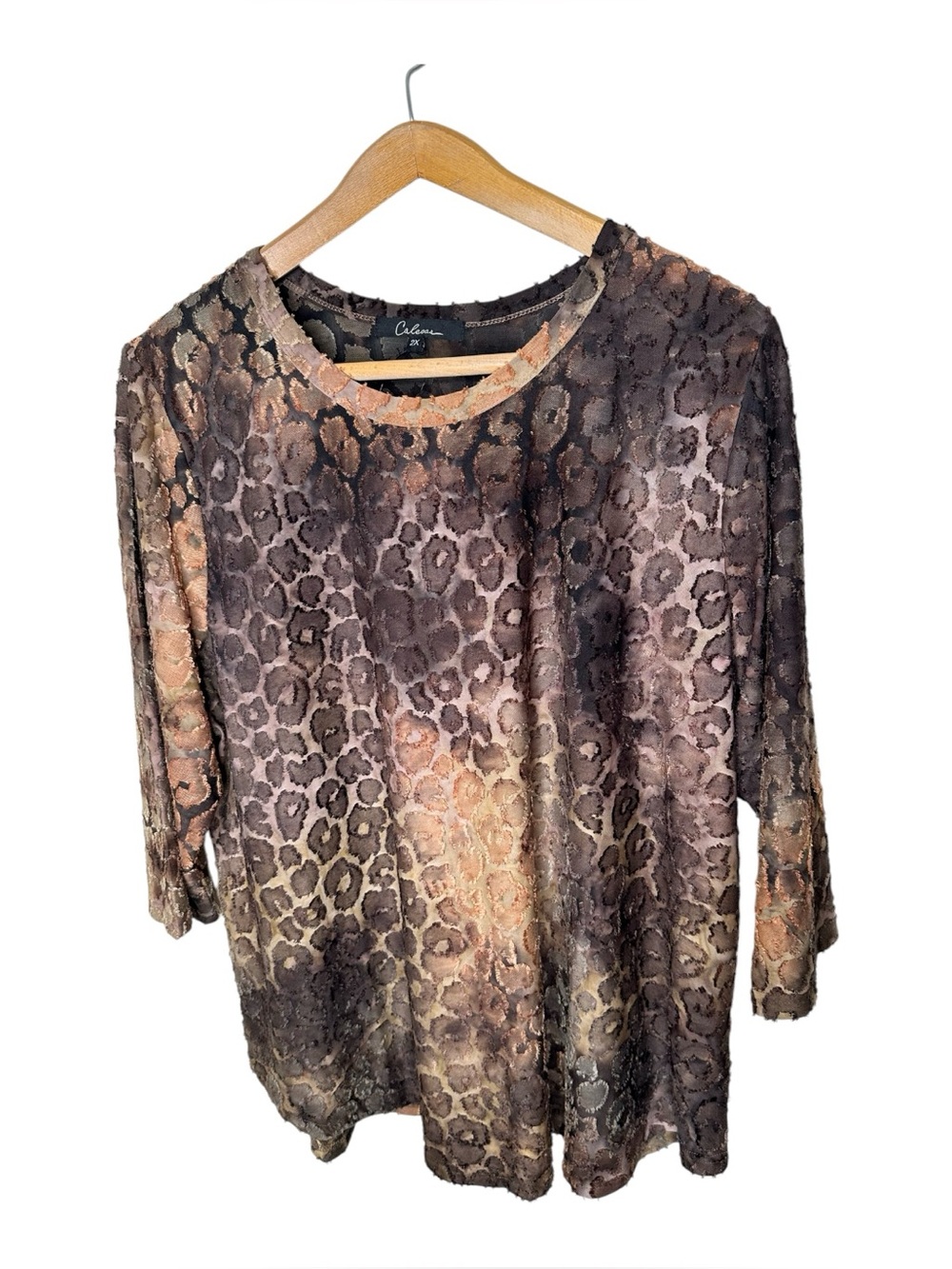 Calessa Animal Print Burnout Knit Top 3/4 Sleeve Size 2X Gold Brown Stretch